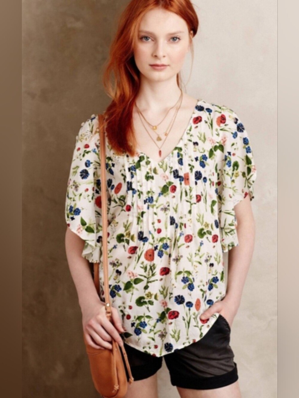 Maeve Anthropologie Maya Ivory Floral Top Size 8 Boho Flutter Sleeve Blouse